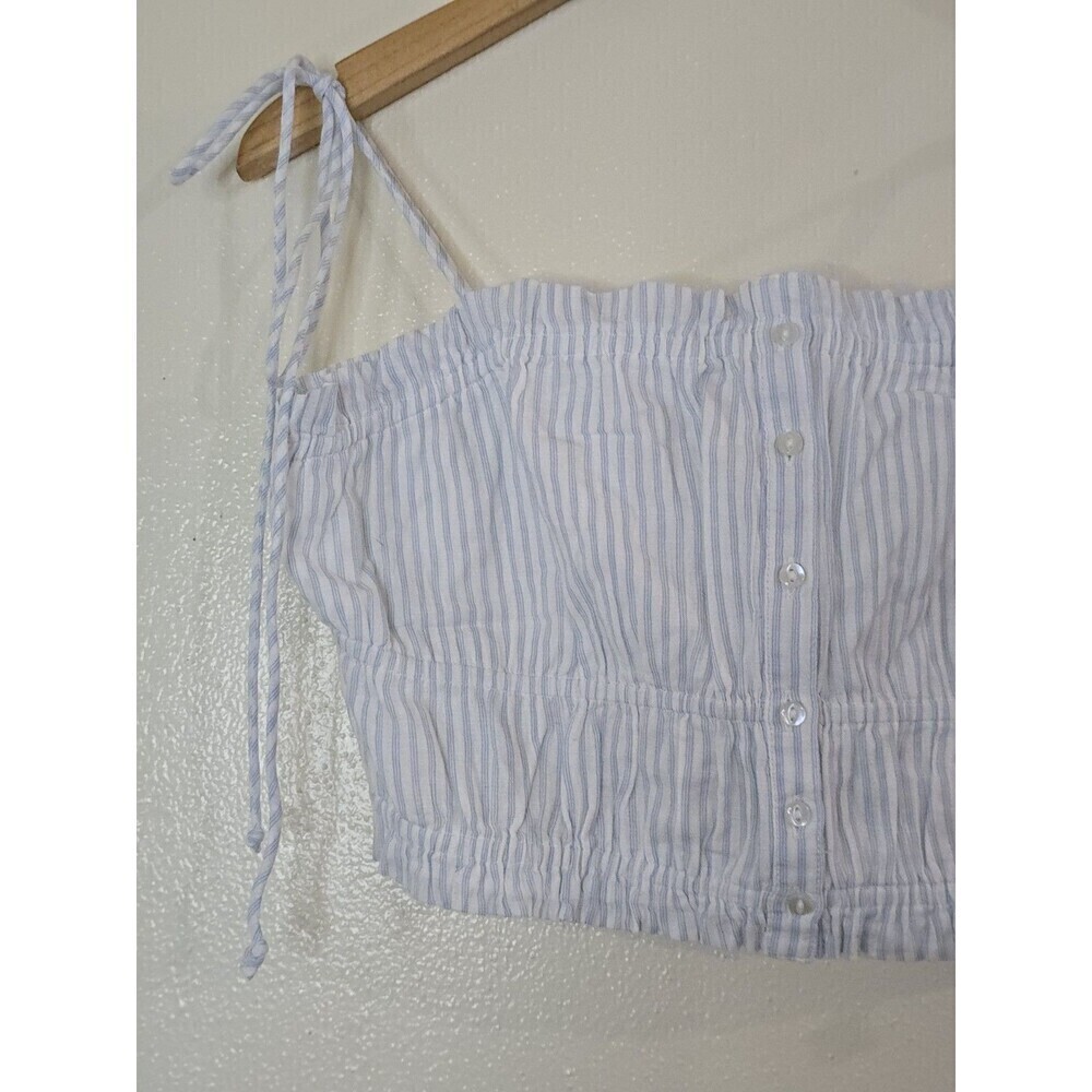 AERIE Button Front Crop Top Size M Striped Smocked Shoulder Tie Prairie Coquette - Picture 5 of 11